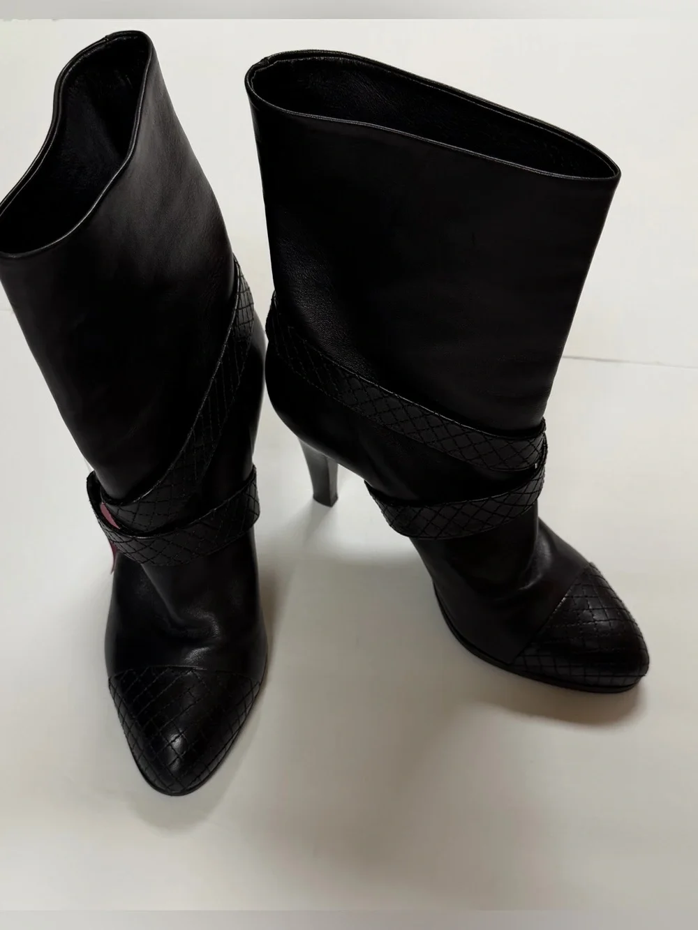 CHANEL Black Quilted-Trim Leather Mid-Calf Heeled Boots